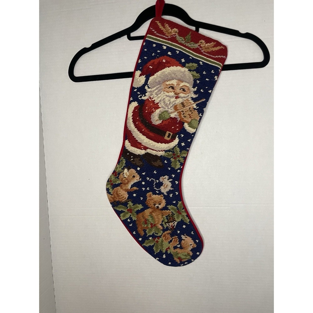 Vtg needlepoint Santa playing violin stocking Woodland Creatures Velvet Back